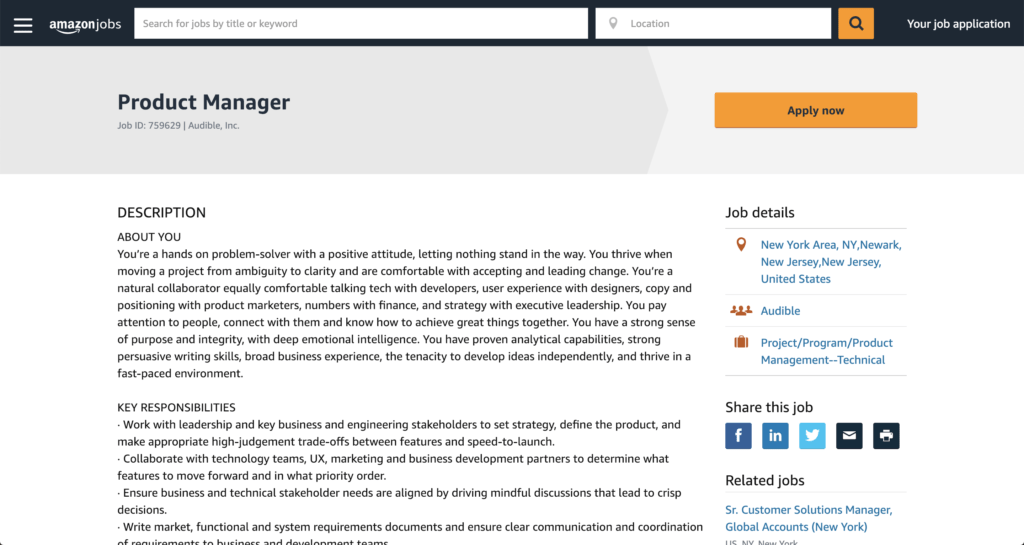 product manager job listing at amazon