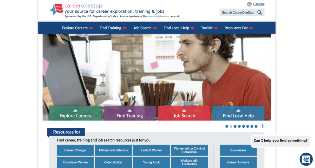 screenshot of career one stop homepage