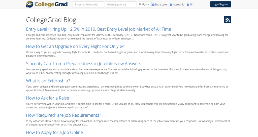 screenshot of collegegrad homepage