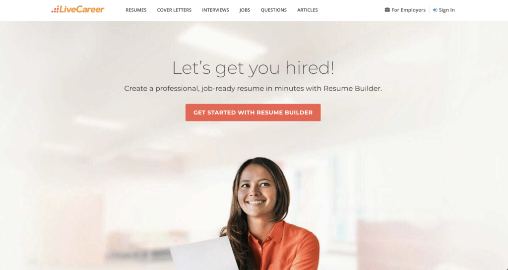 screenshot of livecareer homepage